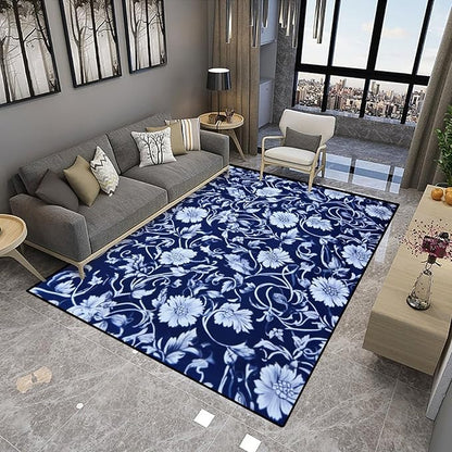 White Flowers on Blue Background Runner Rug: Design Printing - Image 4