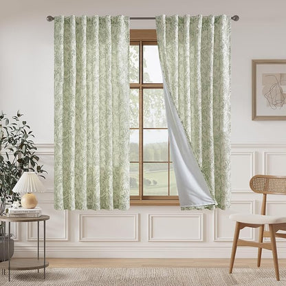 Vangao Lined Linen Curtains for Bedroom Floral Curtains 63 Inches Long Green - Image 2