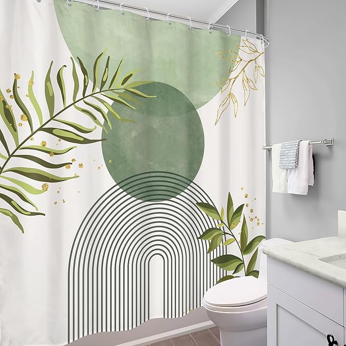 Sage Green Boho Shower Curtain 72Wx72H Modern Abstract Bohemian Leaves - Image 4
