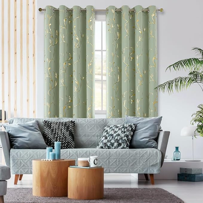 BUHUA Blackout Curtains Gold Foil Print Flower Vine Grommet Drapes, Room - Image 3