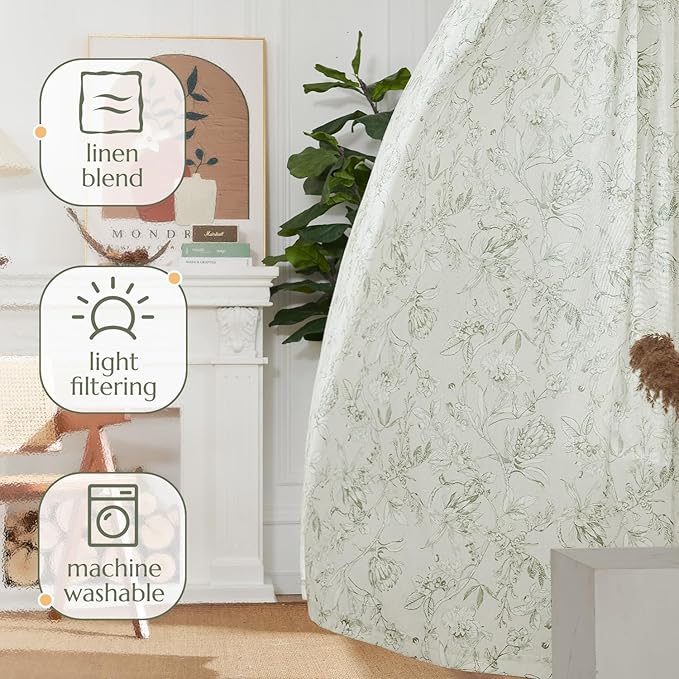 jinchan Floral Curtains 63 Inch Length Sage Green Flower Linen Farmhouse Curtain - Image 8