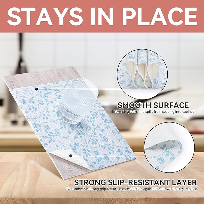 RAY STAR Shelf Liner, Non Adhesive Wisteria Blue Floral Kitchen Cabinet Liner - Image 3