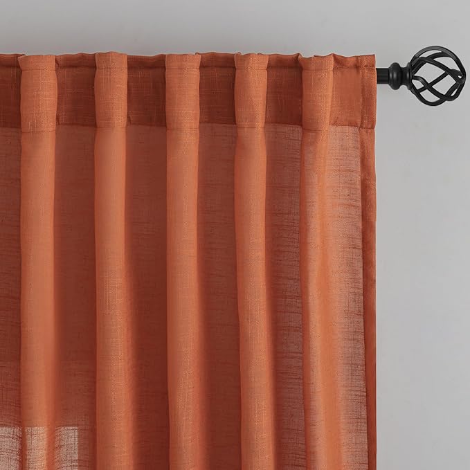 Burnt Orange Linen Back Tab Curtains 102 Inches Long 2 Panels Set - Image 6