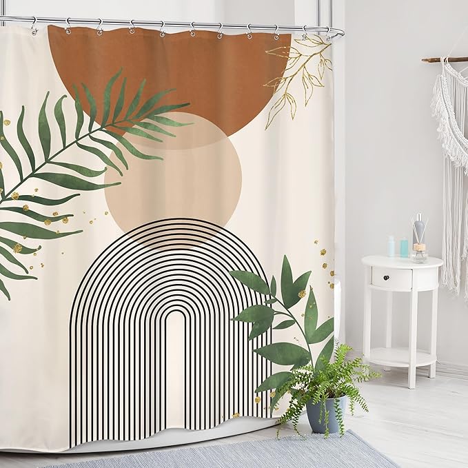 Brown Boho Mid Century Shower Curtain 60Wx72H Abstract Gold Leaves Plant Modern - Image 2