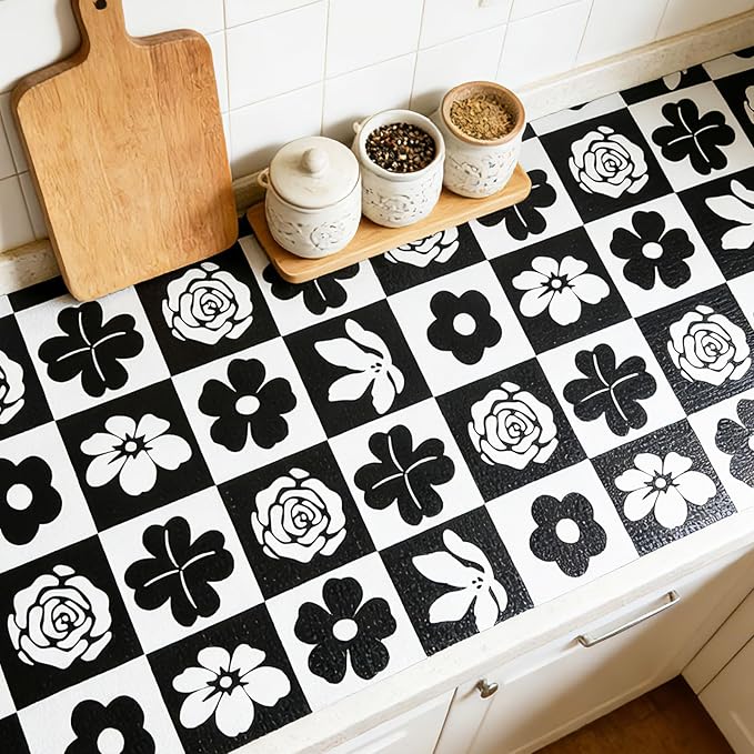 Shelf Liners Non Adhesive Black & White Checkerboard Floral - Image 4