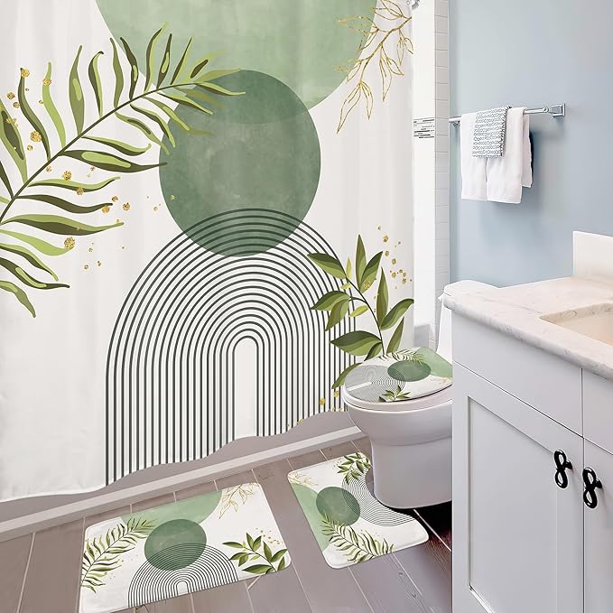 4 PCS Sage Green Boho 72Wx72H Shower Curtain Set Modern Leaves Mid Century - Image 3