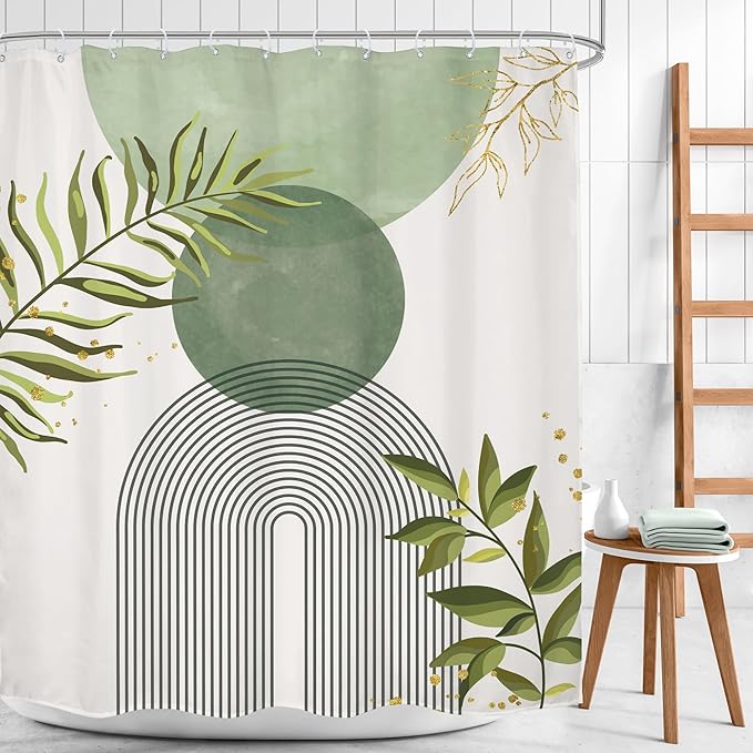 Sage Green Boho Shower Curtain 60Wx72H Modern Bohemian Abstract Leaves Olive - Image 2