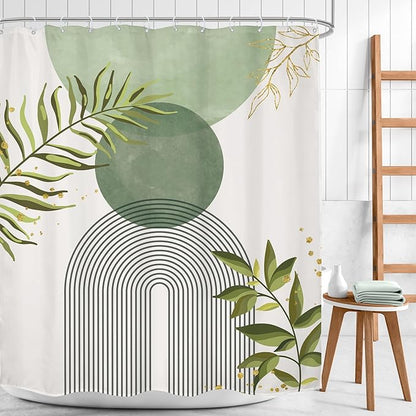Sage Green Boho Shower Curtain 60Wx72H Modern Bohemian Abstract Leaves Olive - Image 2