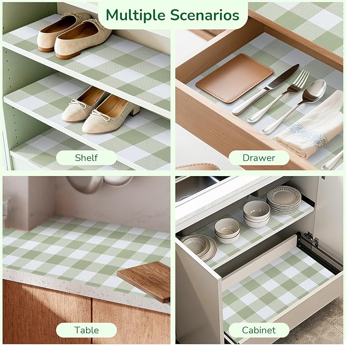 Practical Gingham Green Shelf Liner, Non-Adhesive Drawer Liner Non-Slip Cabinet - Image 7