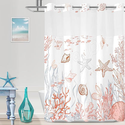 No Hook Shower Curtain with Snap in Liner, Beach Ocean Nautical Coastal Shower by TWLSNCD