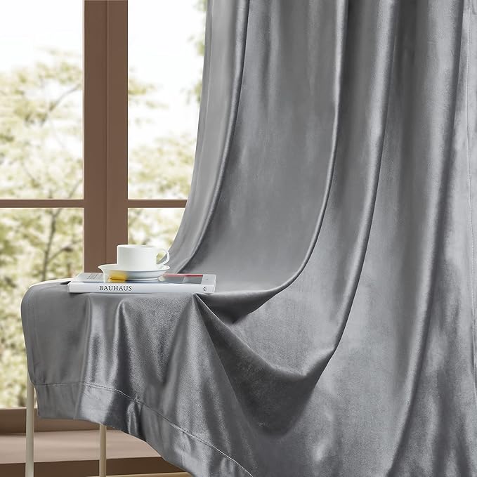 BULBUL Dark Grey Velvet Curtains 72 inch Luxury Elegant Living Room Curtain - Image 6
