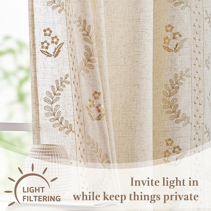 jinchan Belrose Linen Floral Kitchen Curtains 36 inch Length Embroidered - Image 7