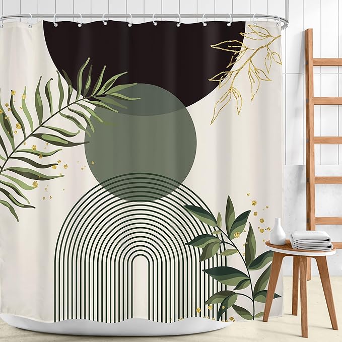 Dark Green Boho Shower Curtain 72Wx72H Black Bohemian Modern Abstract Plant - Image 2