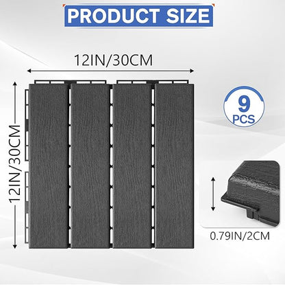 MYFAMIREA 9 Pcs Plastic Interlocking Deck Tiles 12" L x 12" W Patio Floor - Image 2