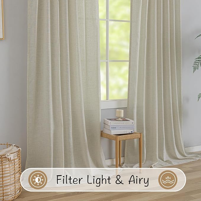 Tan Beige Burlap Linen Back Tab Curtains 84 Inch Length - Image 6