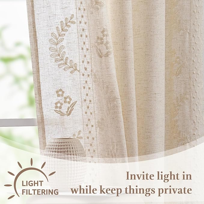 jinchan Belrose Linen Floral Cafe Curtains 54 Inch Length Embroidered Farmhouse - Image 6