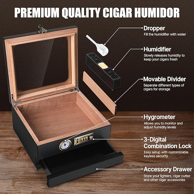Cigar Humidor, Cedar Wood Humidor Cigar Box, Glass Top Desktop Humidor - Image 2