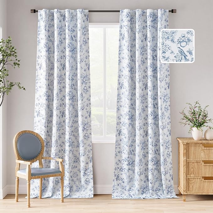 jinchan 95% Blackout Floral Curtains 96 Inches Long, Printed Flower Blue by JINCHAN