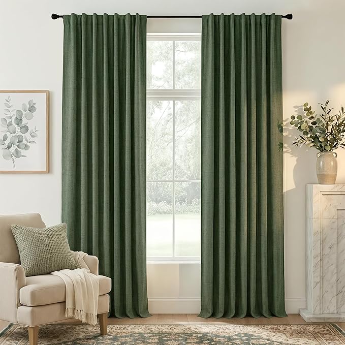 RYB HOME Olive Green 100% Blackout Linen Curtains 108 inches Long, Luxury by RYBHOME