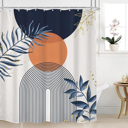 Navy Blue Boho Shower Curtain 60Wx72H Modern Abstract Bohemian Blue Gold Leaves by MitpokBrand