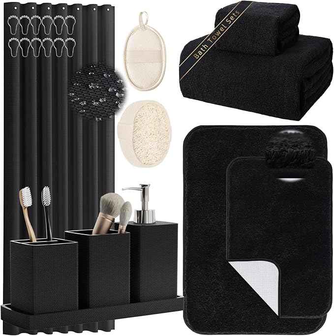 Black Bathroom Set, Bath Towel Set, Natural Loofah Sponge, Soap Dispenser by LetUsMakeHomeYourFavoriteDestination