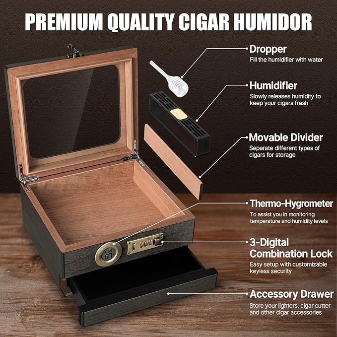 Cigar Humidor, Cedar Wood Humidor Cigar Box, Glass Top Desktop Humidor - Image 2