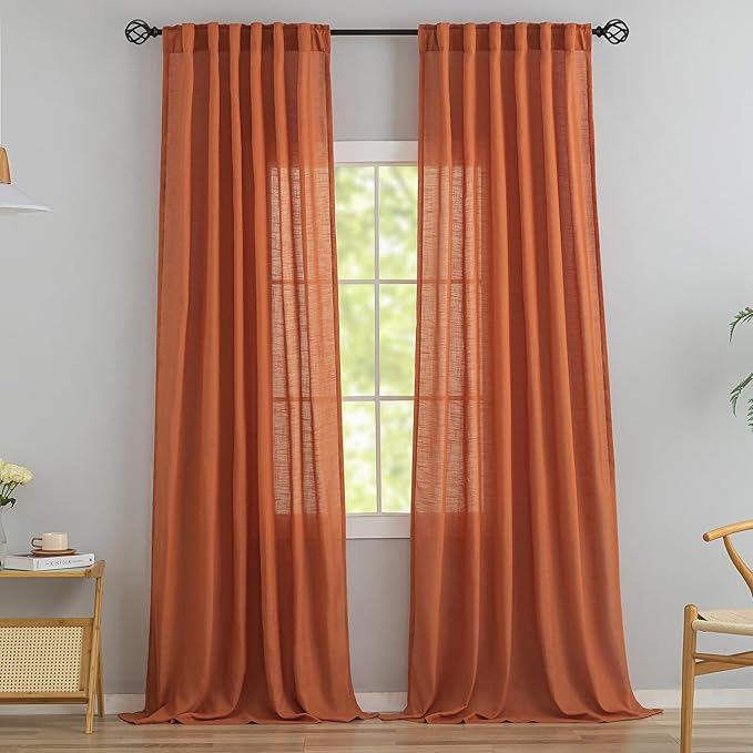 Burnt Orange Linen Back Tab Curtains 120 Inches Extra Long Ceiling to Floor by DONREN