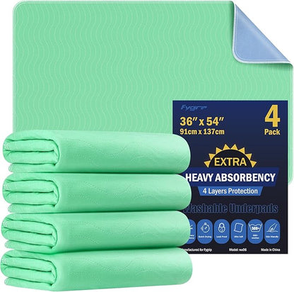 4 Pack 36” x 54” Extra Heavy Absorbency Washable Underpads, Waterproof Nursing by Fygrip