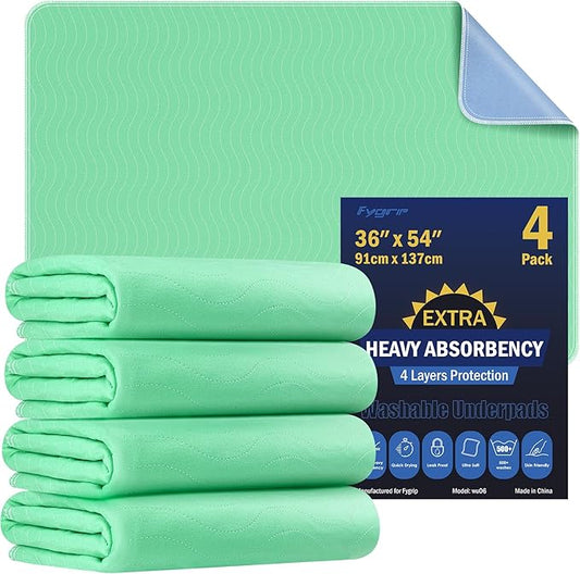 4 Pack 36” x 54” Extra Heavy Absorbency Washable Underpads, Waterproof Nursing by Fygrip