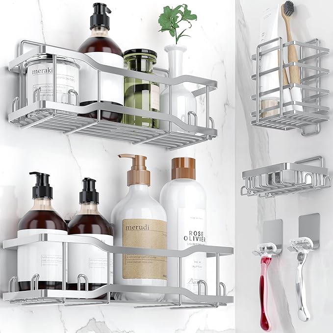Shower Caddy Bathroom Shelves, The Athena Silken 4 Set, 40LB Capacity, Adhesive by Tribal+Cooking