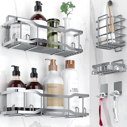 Shower Caddy Bathroom Shelves, The Athena Silken 4 Set, 40LB Capacity, Adhesive by Tribal+Cooking