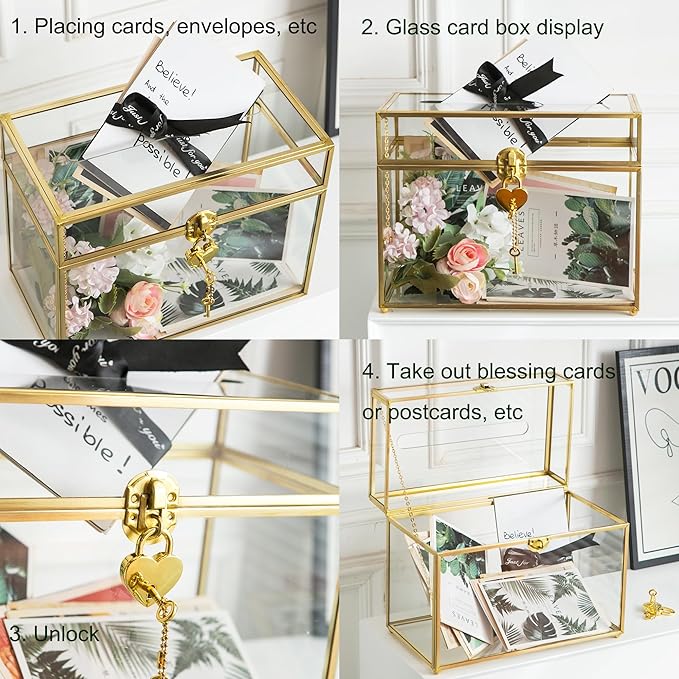 Glass Wedding Card Box with Slot, 10.2 inch Clear Card Box Gold Brass Gift Card - Image 4