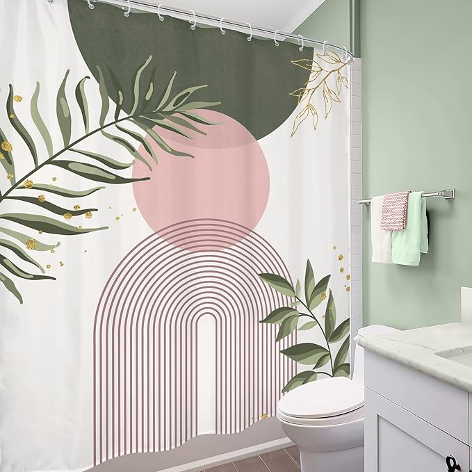 Pink Sage Green Boho Shower Curtain 60Wx72H Mid Century Modern Abstract Gold - Image 4
