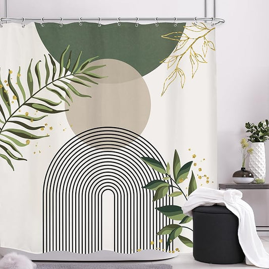 Green Boho Mid Century Shower Curtain 72Wx72H Abstract Gold Leaves Grey Modern by MitpokBrand