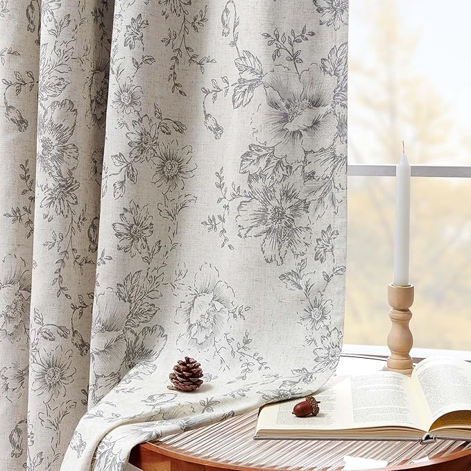 jinchan Blackout Linen Blend Curtain Gray Floral Blackout Curtains - Image 3