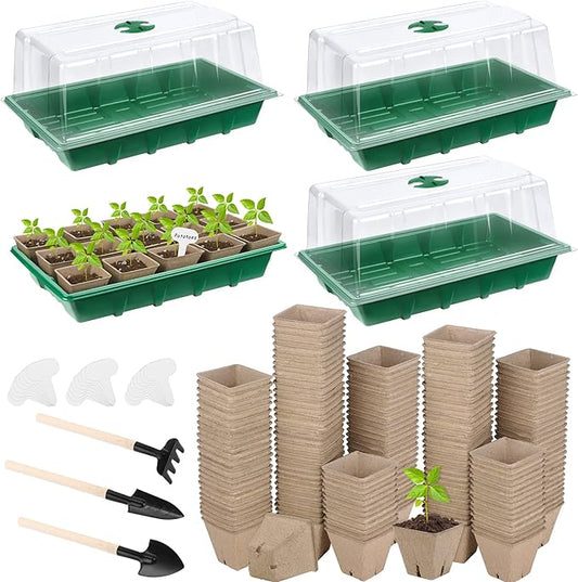 4 Pack Seed Starter Tray Kit, 120 Square Seed Peat Pots by Hahood