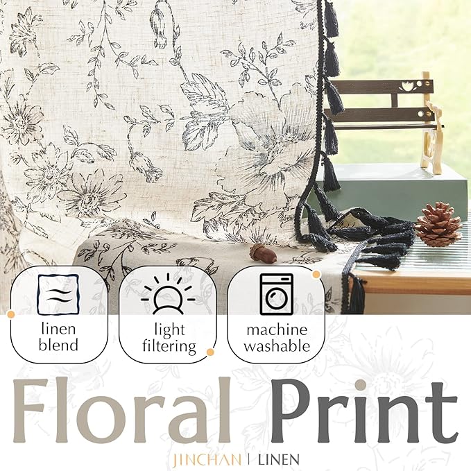 JINCHAN Linen Curtains Floral Curtains Living Room 96 Inch Long Printed - Image 2