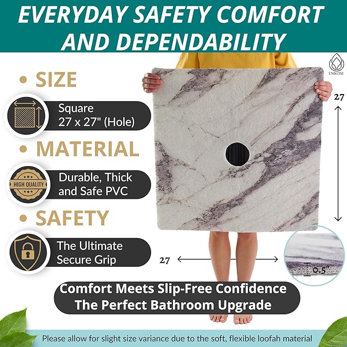 Enkosi Loofah Shower Mat with Drain Hole – Cushioned Anti-Slip Square Bath Mat - Image 3