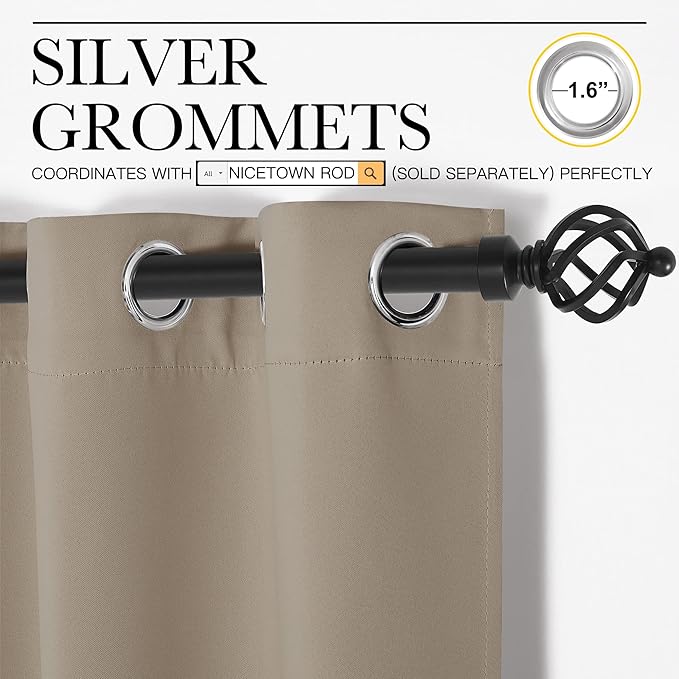 NICETOWN Taupe Blackout Curtain 96 inch Long, W55 x L96, 1 Panel, Thermal - Image 2