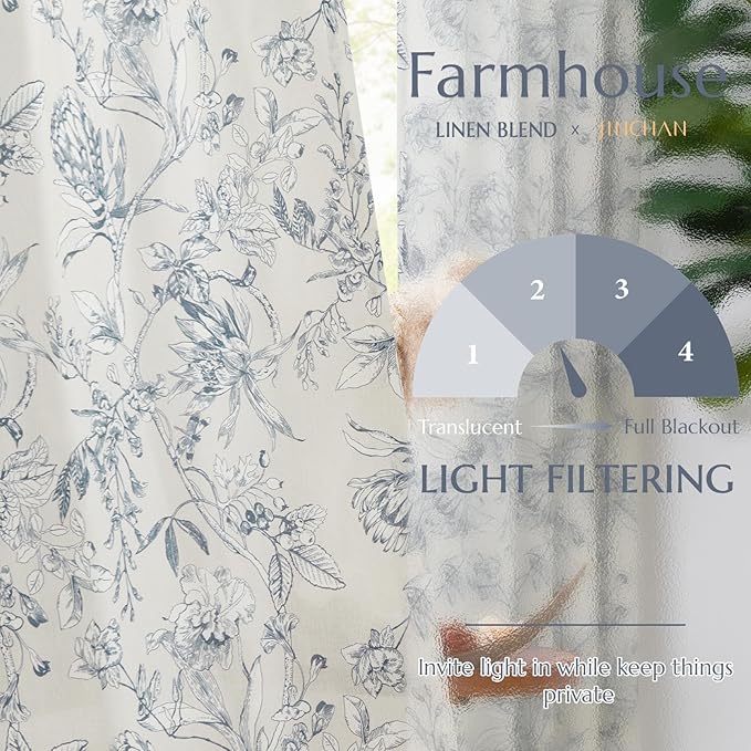 jinchan Floral Curtains 108 Inch Length Blue Flower Linen Farmhouse Curtain - Image 3