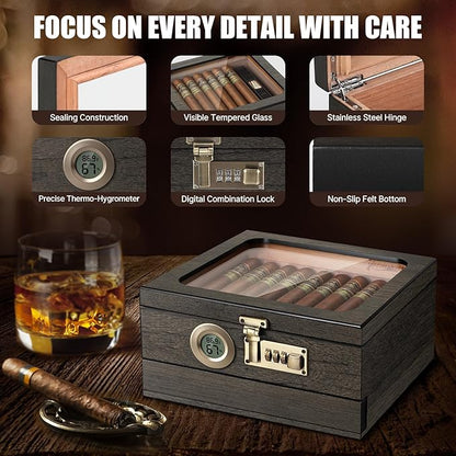 Cigar Humidor, Cedar Wood Humidor Cigar Box, Glass Top Desktop Humidor - Image 7