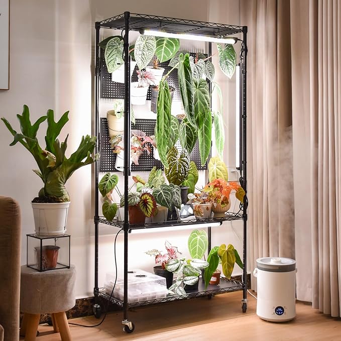 Bstrip Plant Cabinet with Pegboard, 3 Tier Plant Shelf with Grow Light by Bstrip