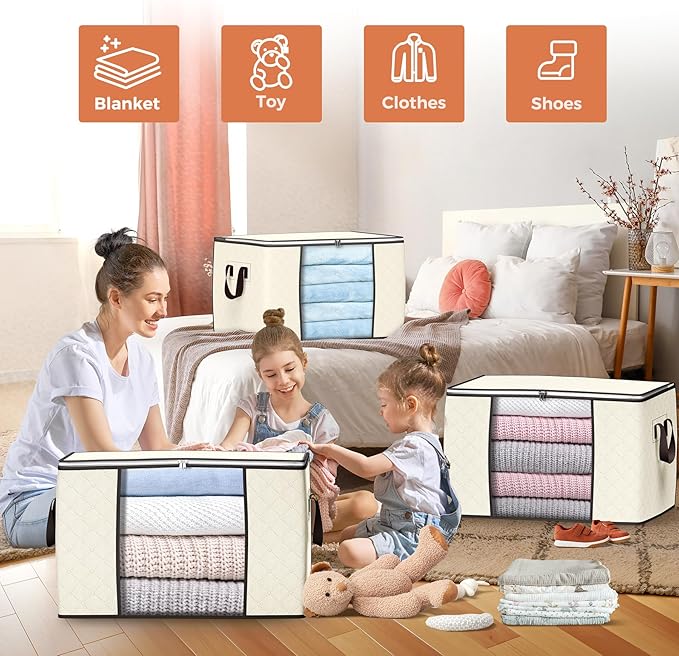 90 L Large Storage Bags, 4 Pack Clothes Storage Bins Foldable Closet Organizers - Image 5