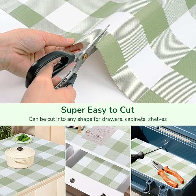 Practical Gingham Green Shelf Liner, Non-Adhesive Drawer Liner Non-Slip Cabinet - Image 6