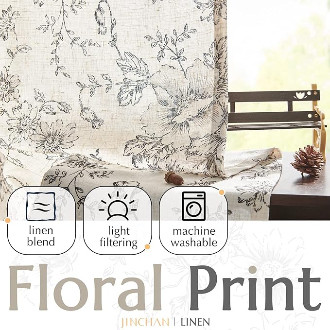jinchan Linen Blend Curtain Floral Curtains - Image 3