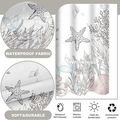 No Hook Shower Curtain with Snap in Liner, Beach Ocean Nautical Coastal Shower - Image 3