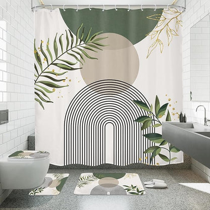 4 PCS Green Boho 72Wx72H Shower Curtain Set Abstract Gold Grey Modern by MitpokBrand