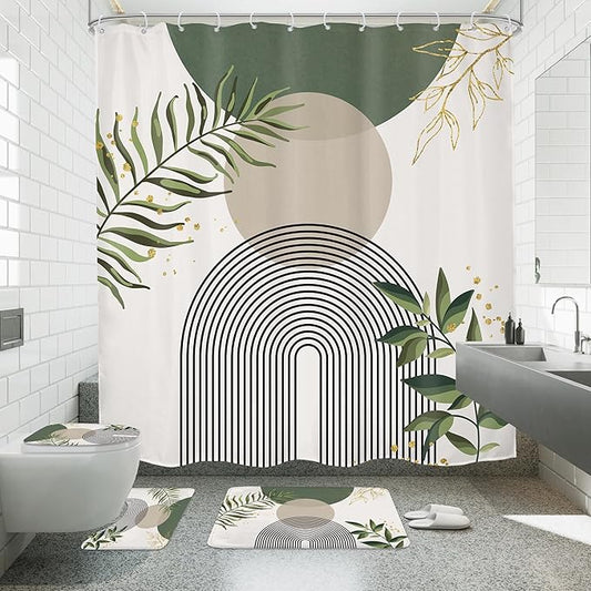 4 PCS Green Boho 72Wx72H Shower Curtain Set Abstract Gold Grey Modern by MitpokBrand