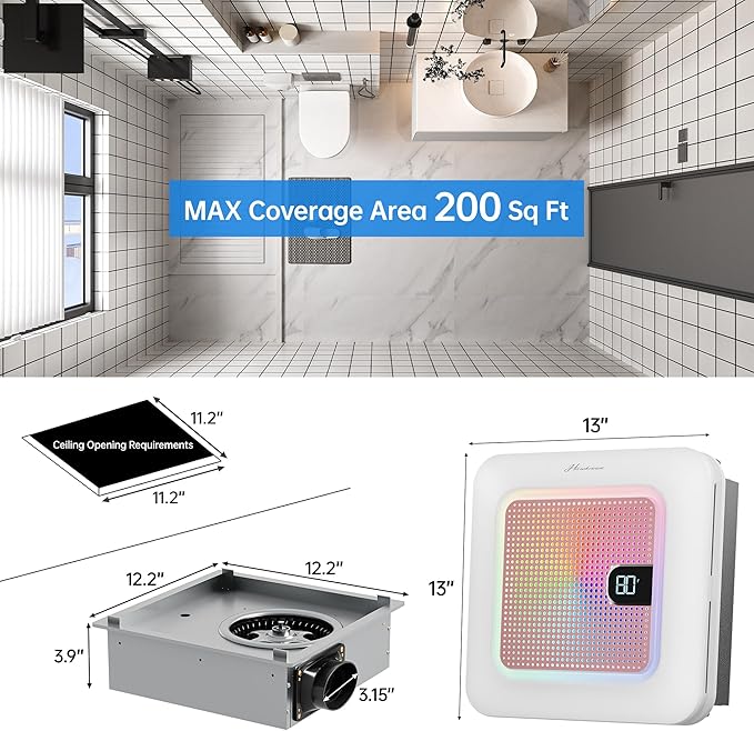 Bathroom Exhaust Fan with Bluetooth Speaker, 230 CFM 1.0 Sone Bathroom Exhaust - Image 3