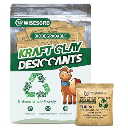 6G x 60 Pack Kraft Clay Desiccants Packs, Food Safe Bentonite Clay Desiccant by Wisesorb